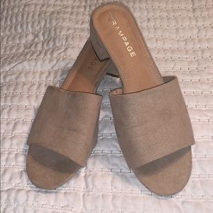 Light tan/blush block heel mules